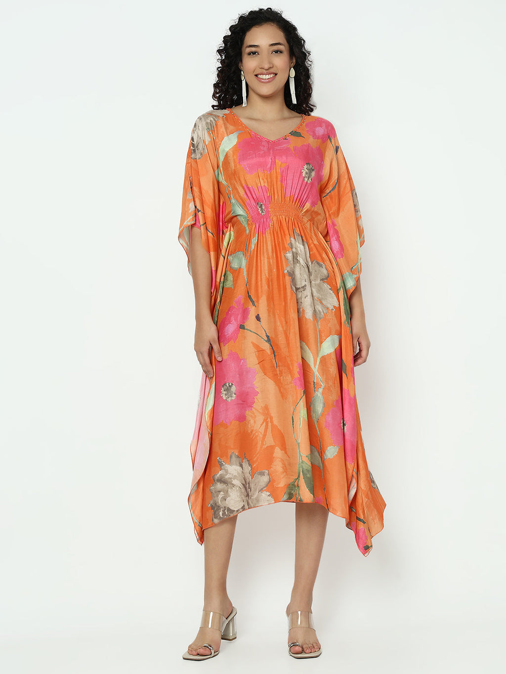 Women's Floral Printed Orange Kaftan Ethnic Midi Dress