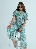 Women's Floral Sea Green Ruffle Sleeves Jumpsuit