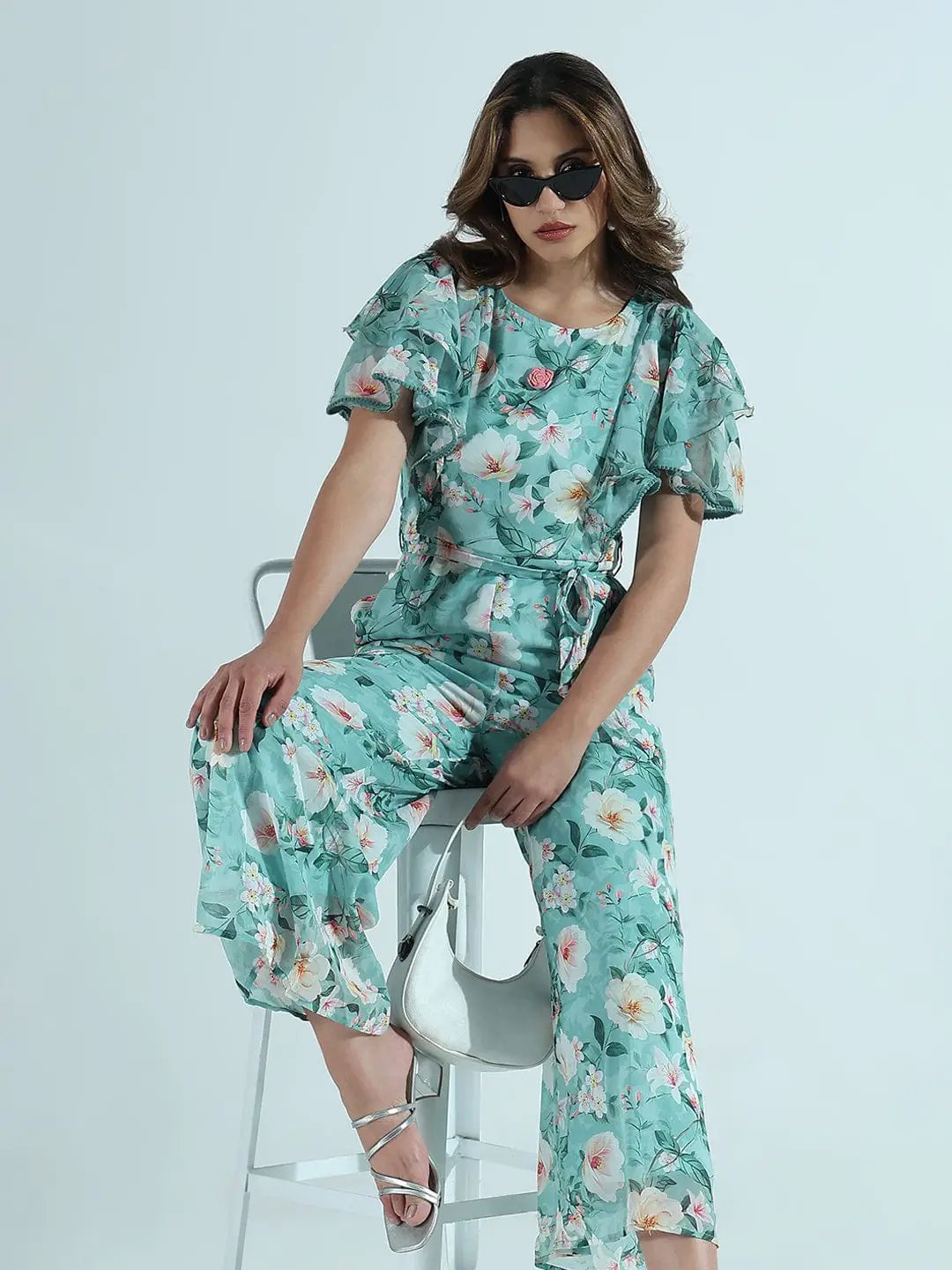 Women's Floral Sea Green Ruffle Sleeves Jumpsuit