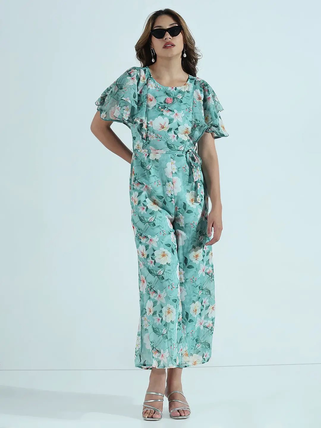 Women's Floral Sea Green Ruffle Sleeves Jumpsuit