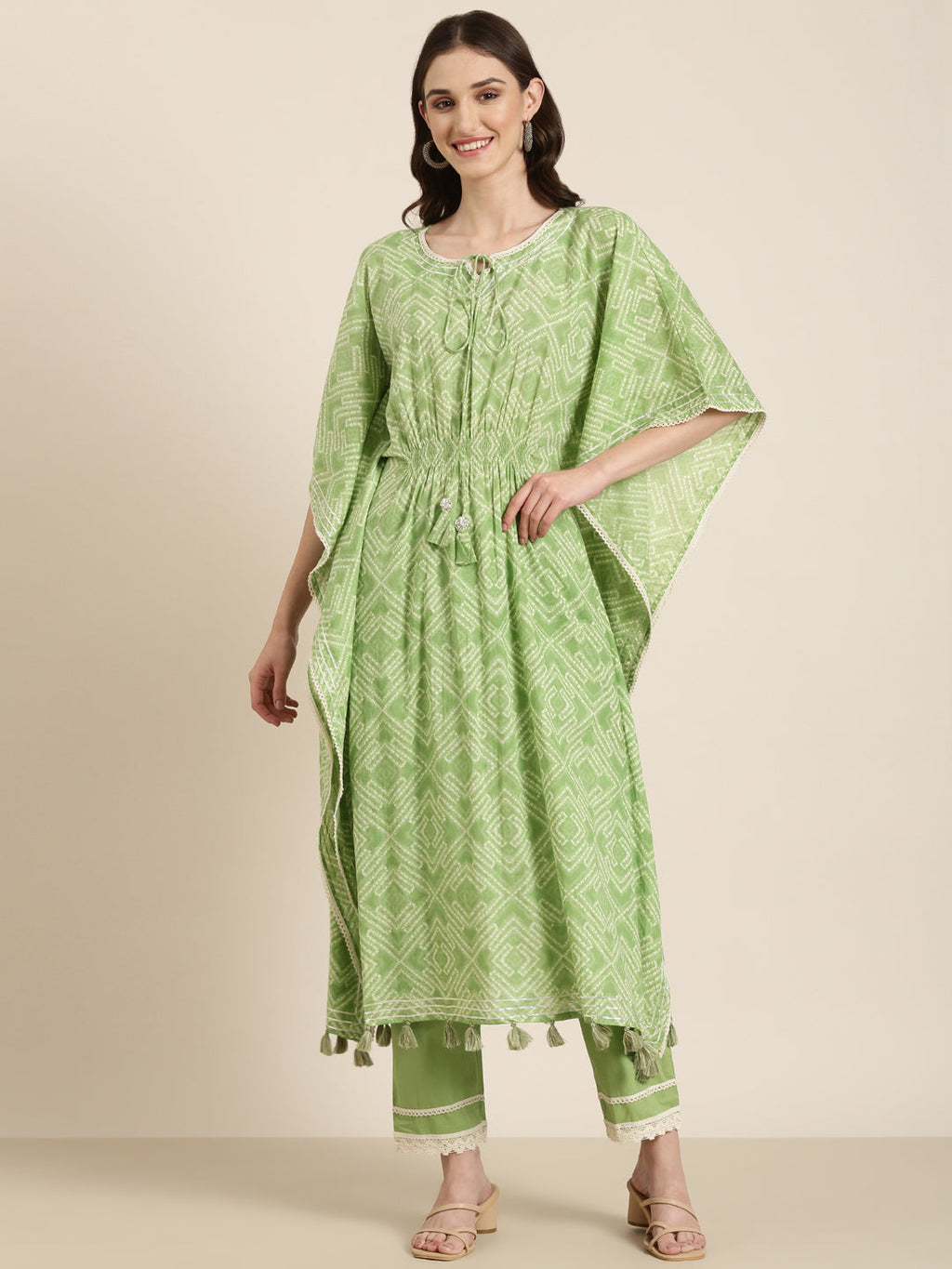 Women's Green Bandhani Printed Regular Gotta Patti Kurta Set