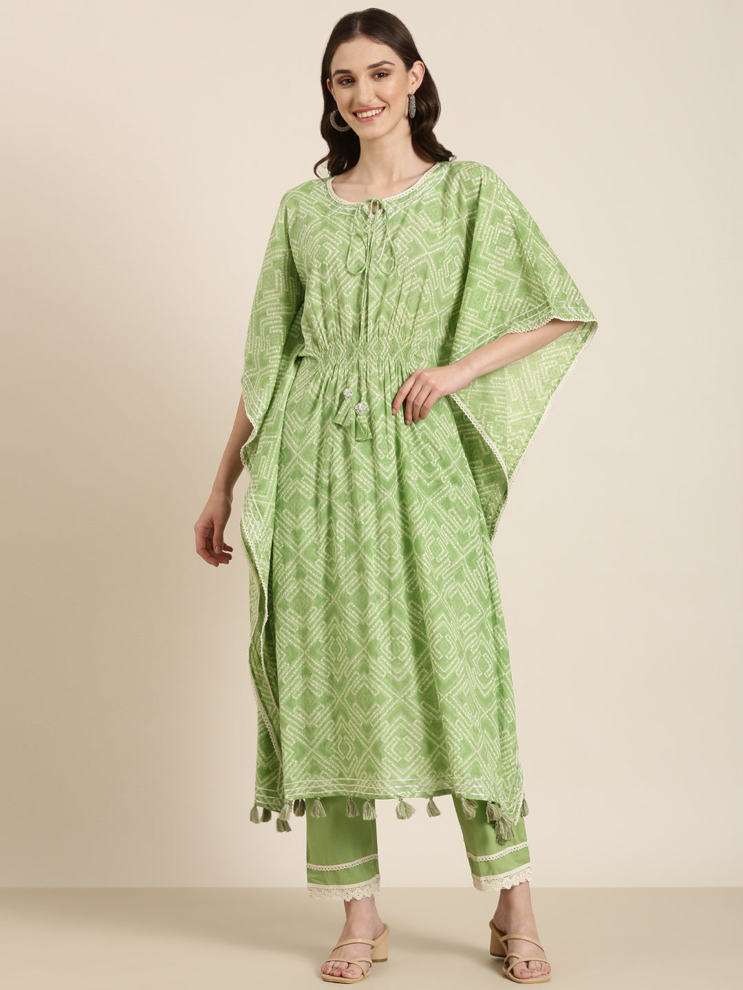 Women's Green Bandhani Printed Regular Gotta Patti Kurta Set