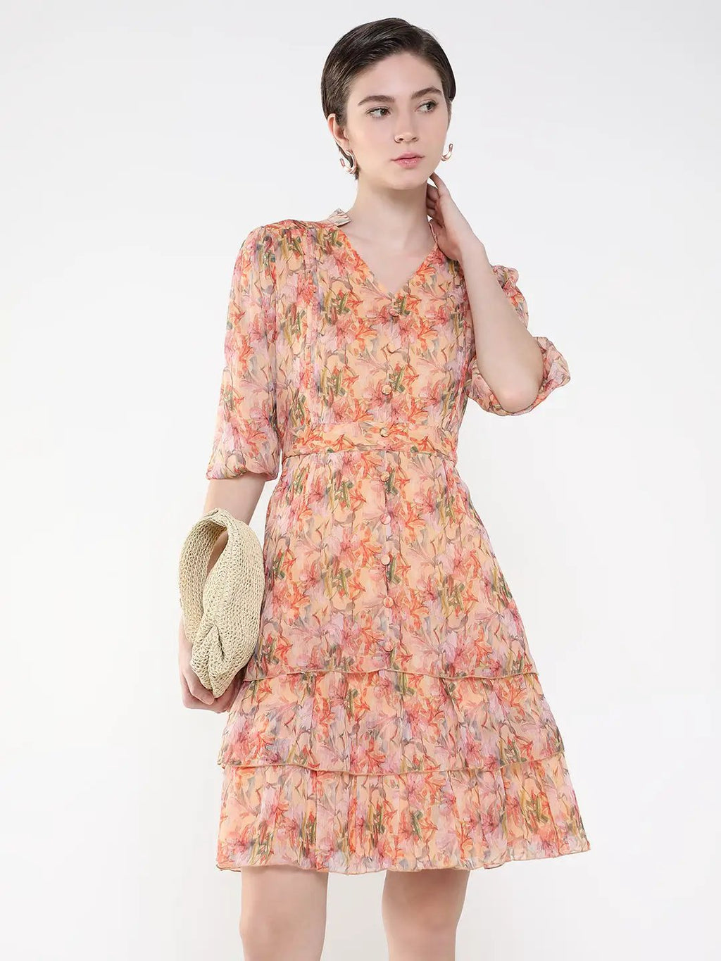 Women's Floral Peach Fit and Flare Dress