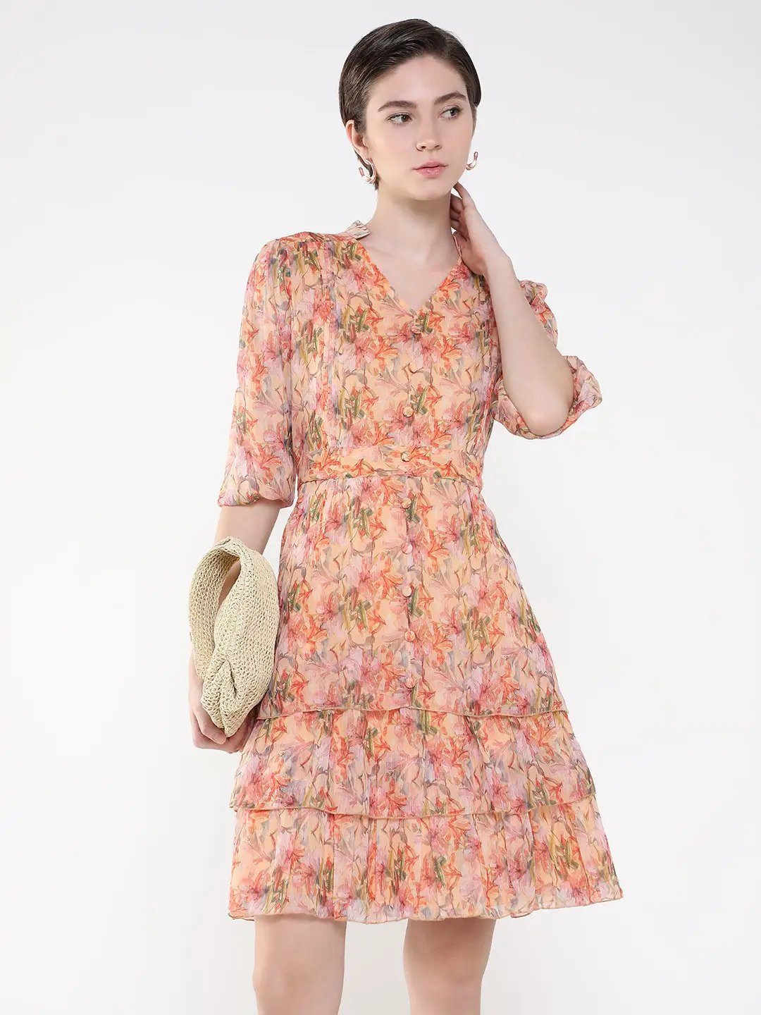 Women's Floral Peach Fit and Flare Dress
