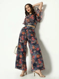 Women's Grey Floral Printed Mirror Work Co-Ords Set