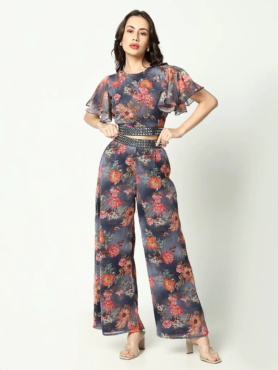 Women's Grey Floral Printed Mirror Work Co-Ords Set