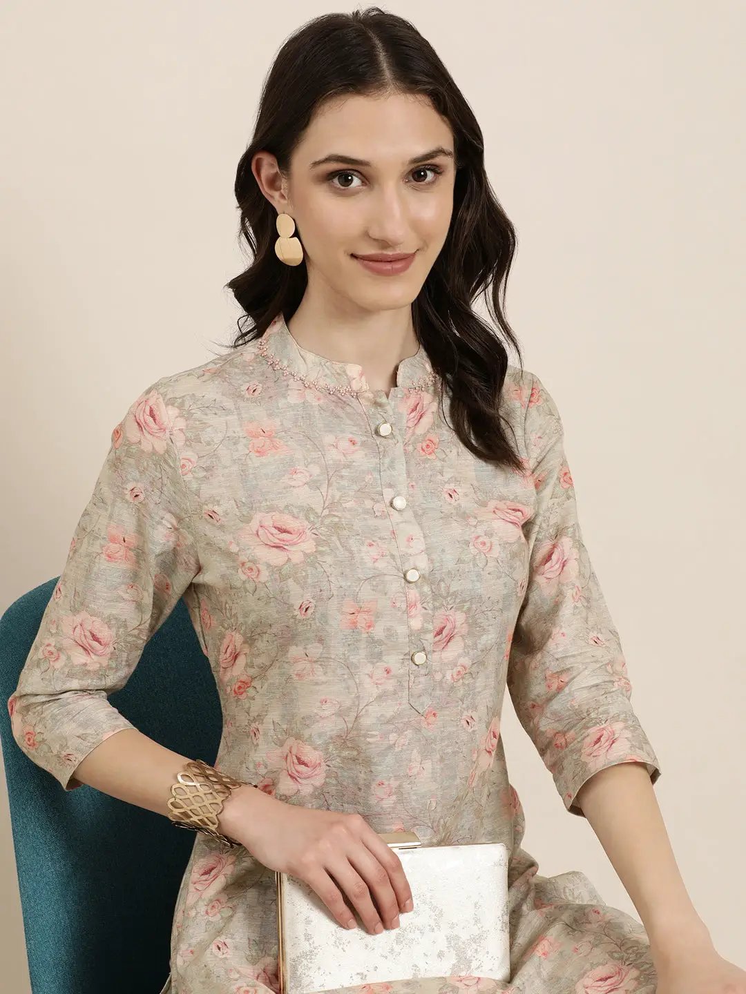 Women's Beige Floral Printed Beads and Stones Kurta Set