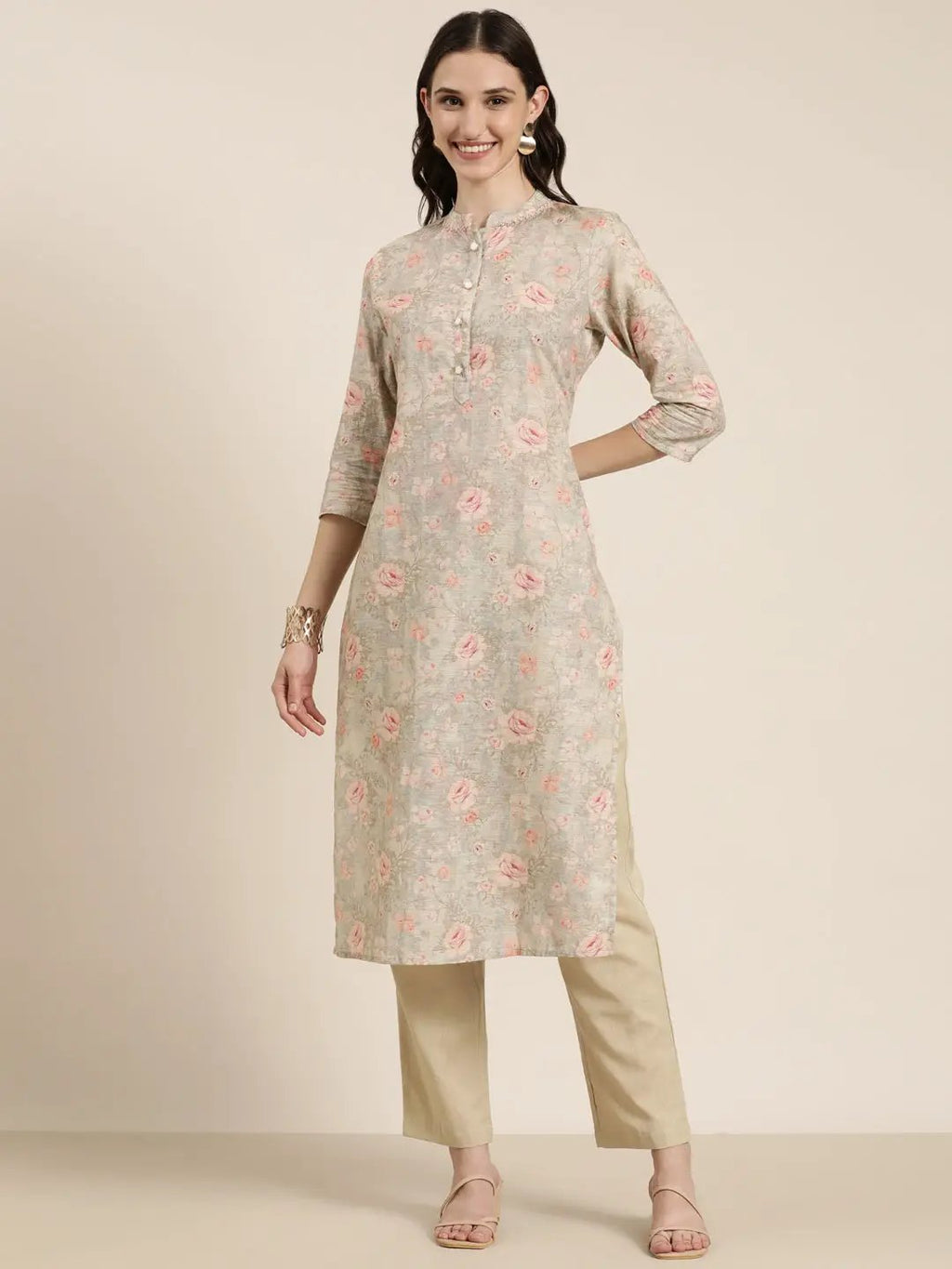Women's Beige Floral Printed Beads and Stones Kurta Set