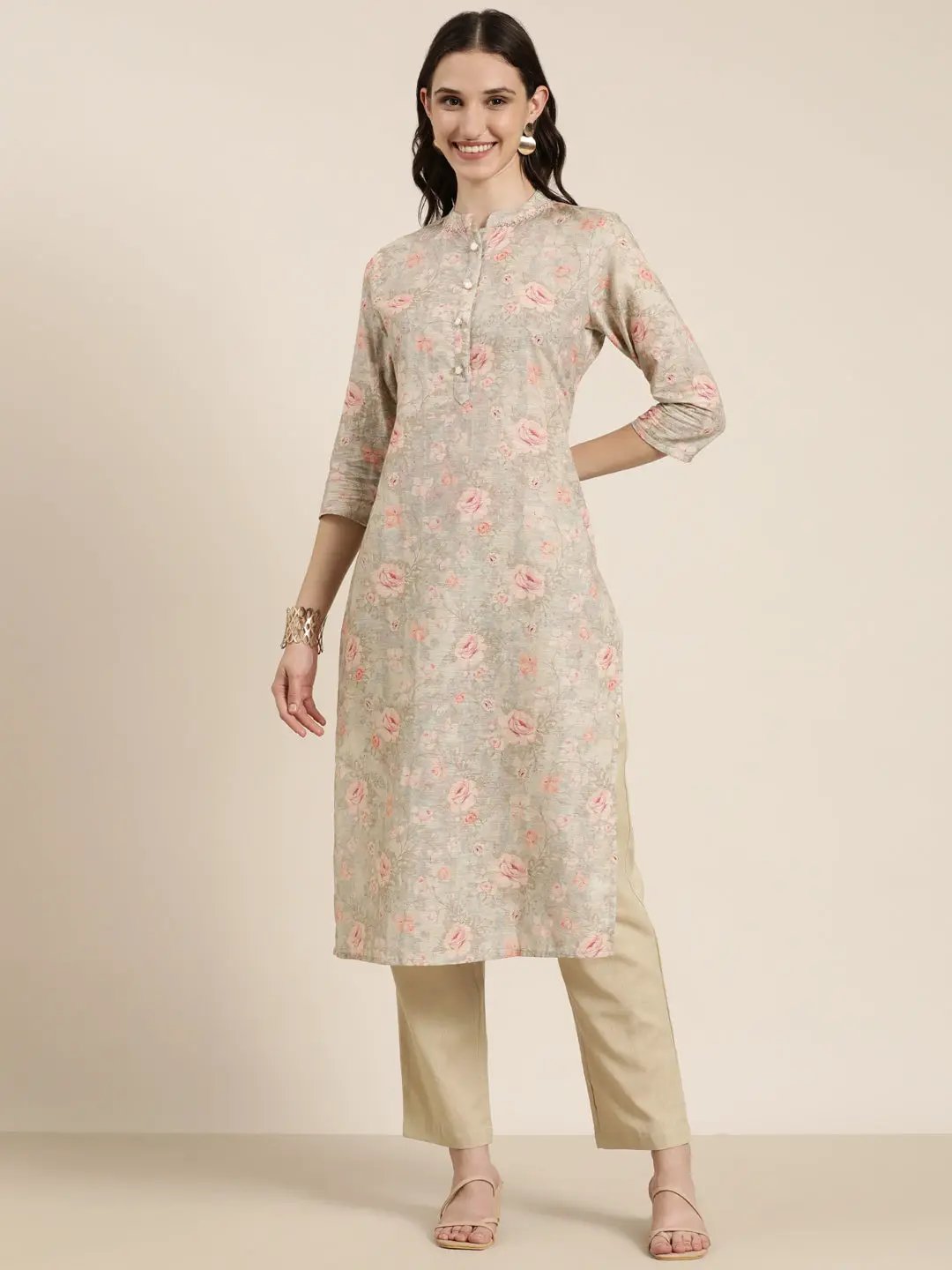 Women's Beige Floral Printed Beads and Stones Kurta Set