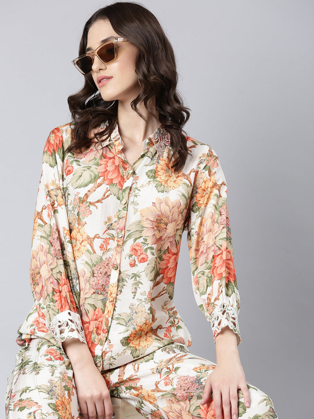 Women's Off White Floral Printed Co-Ords Set