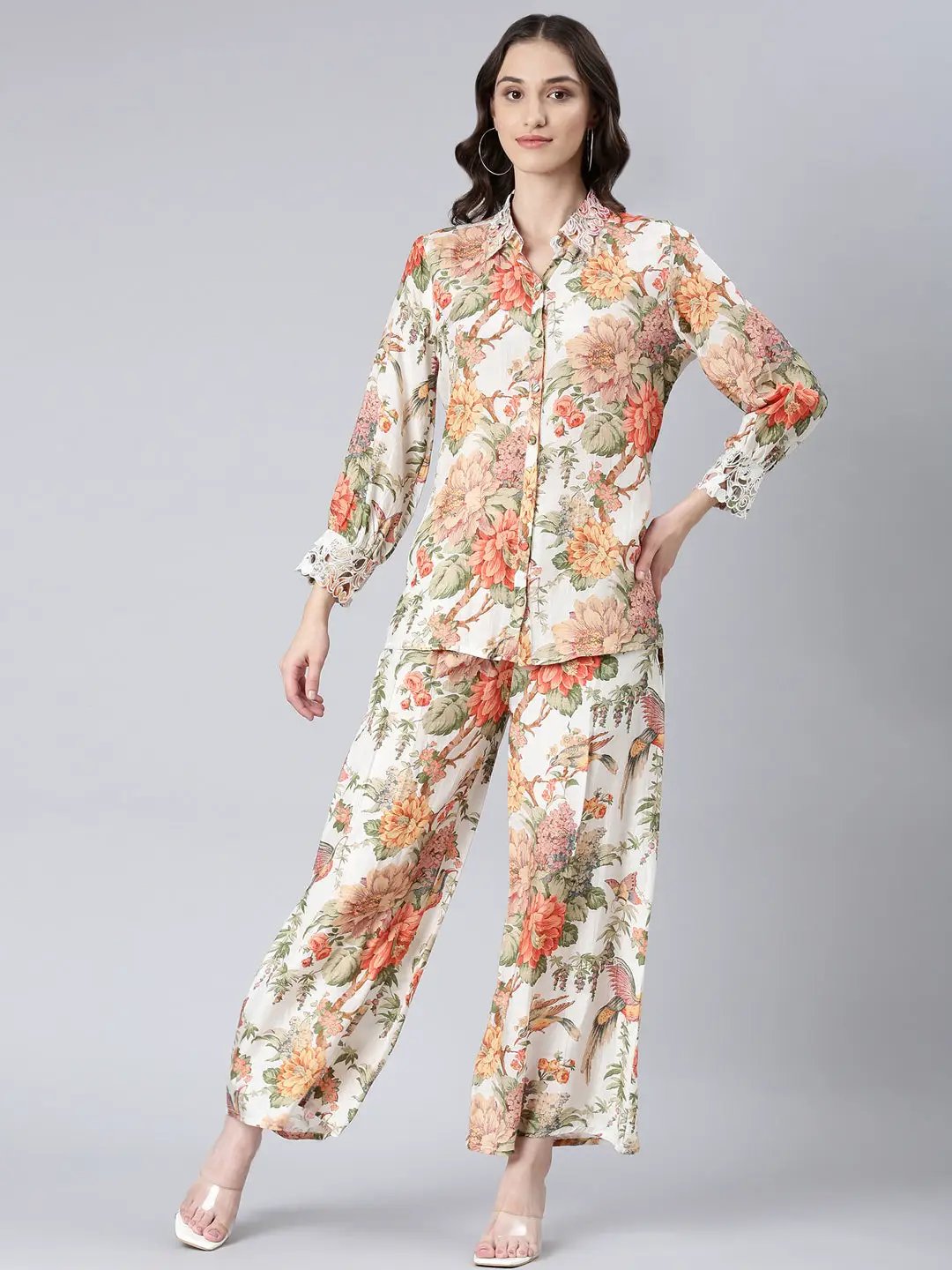 Women's Off White Floral Printed Co-Ords Set