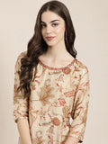 Women's Beige Floral Printed Beads and Stones Straight Kurta Set