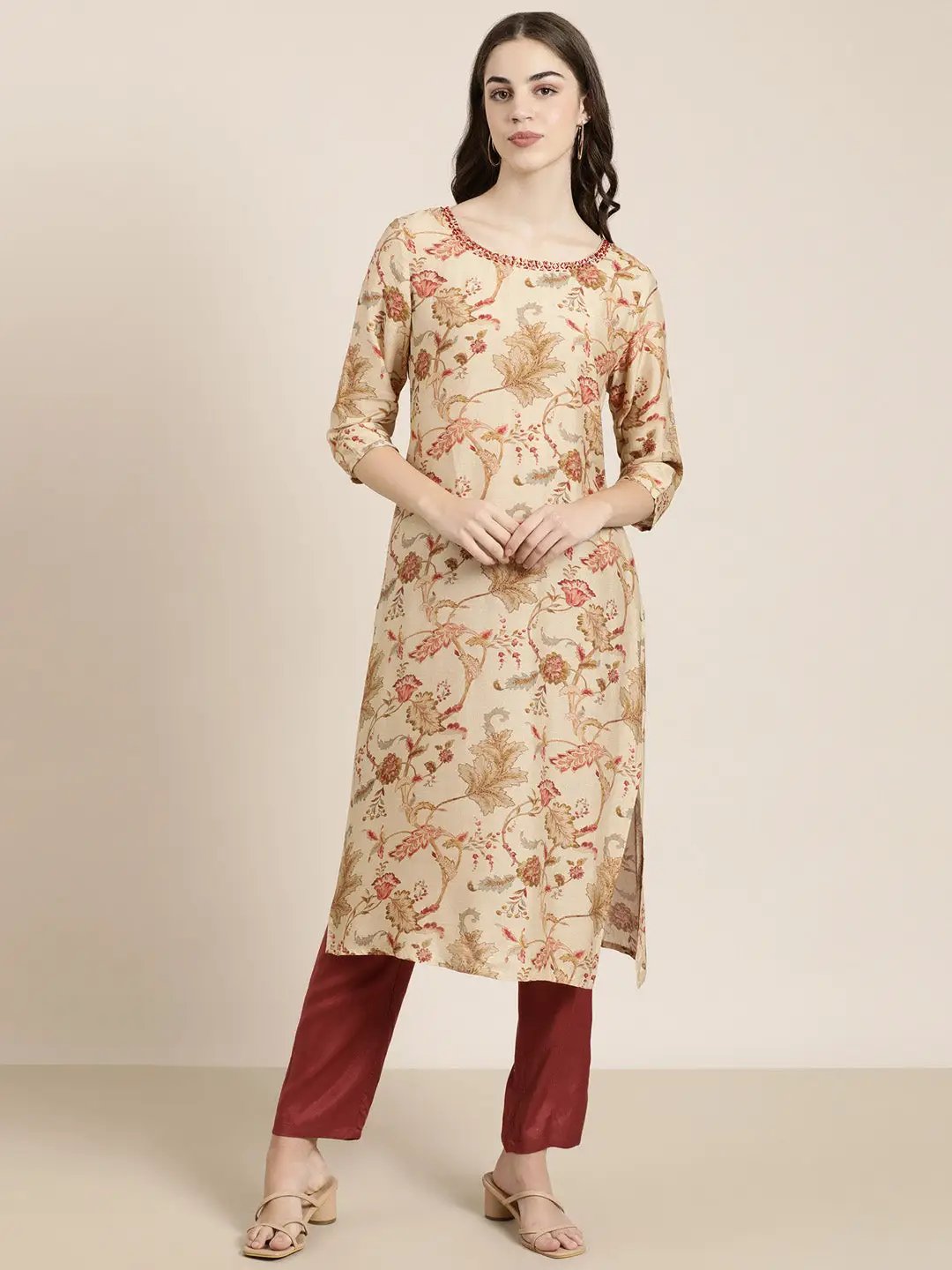 Women's Beige Floral Printed Beads and Stones Straight Kurta Set