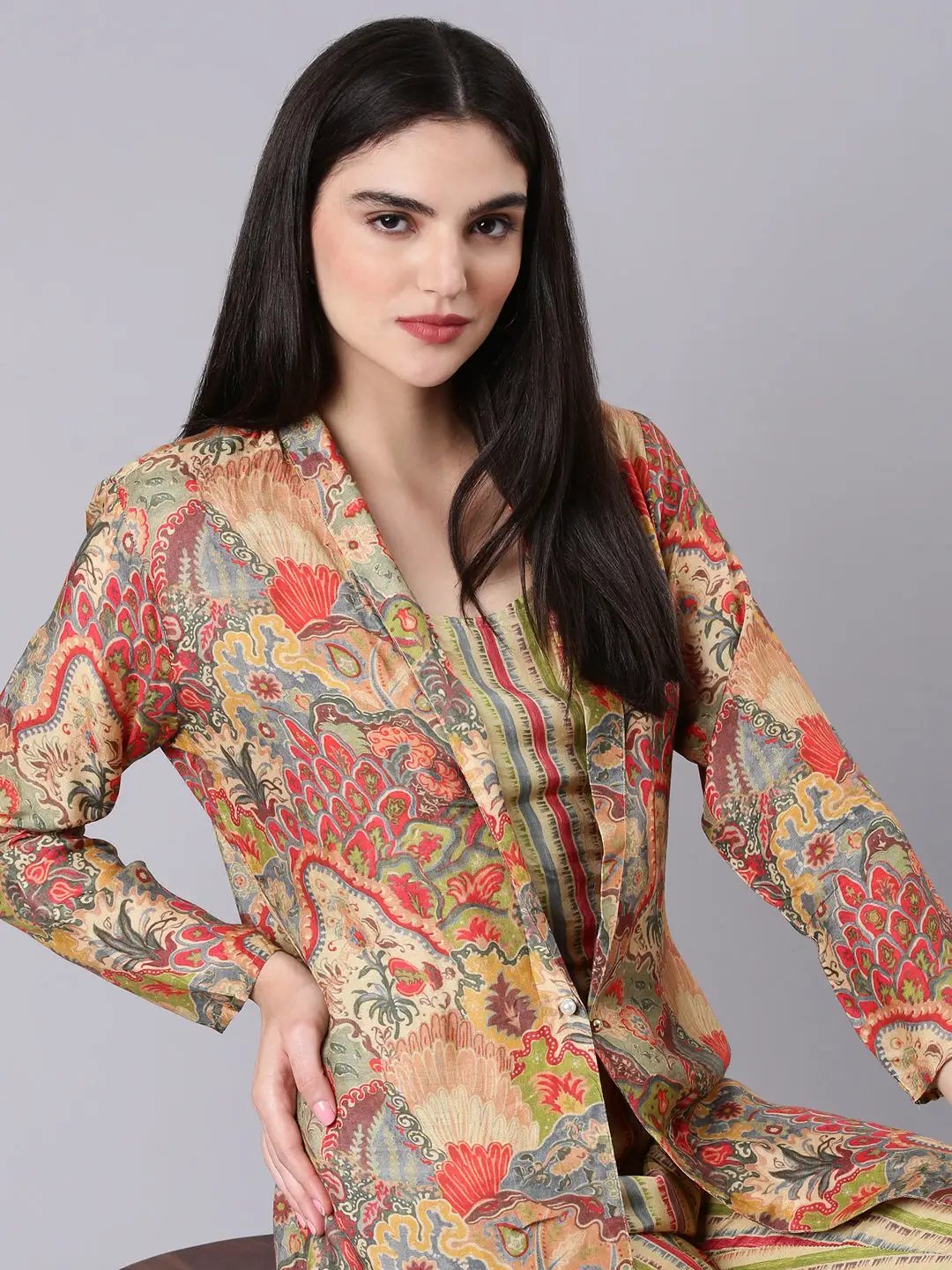 Women's Multi Striped Kurta Set with Printed Shrug
