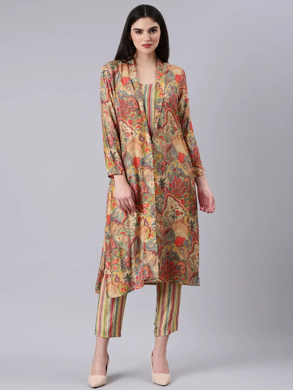 Women's Multi Striped Kurta Set with Printed Shrug