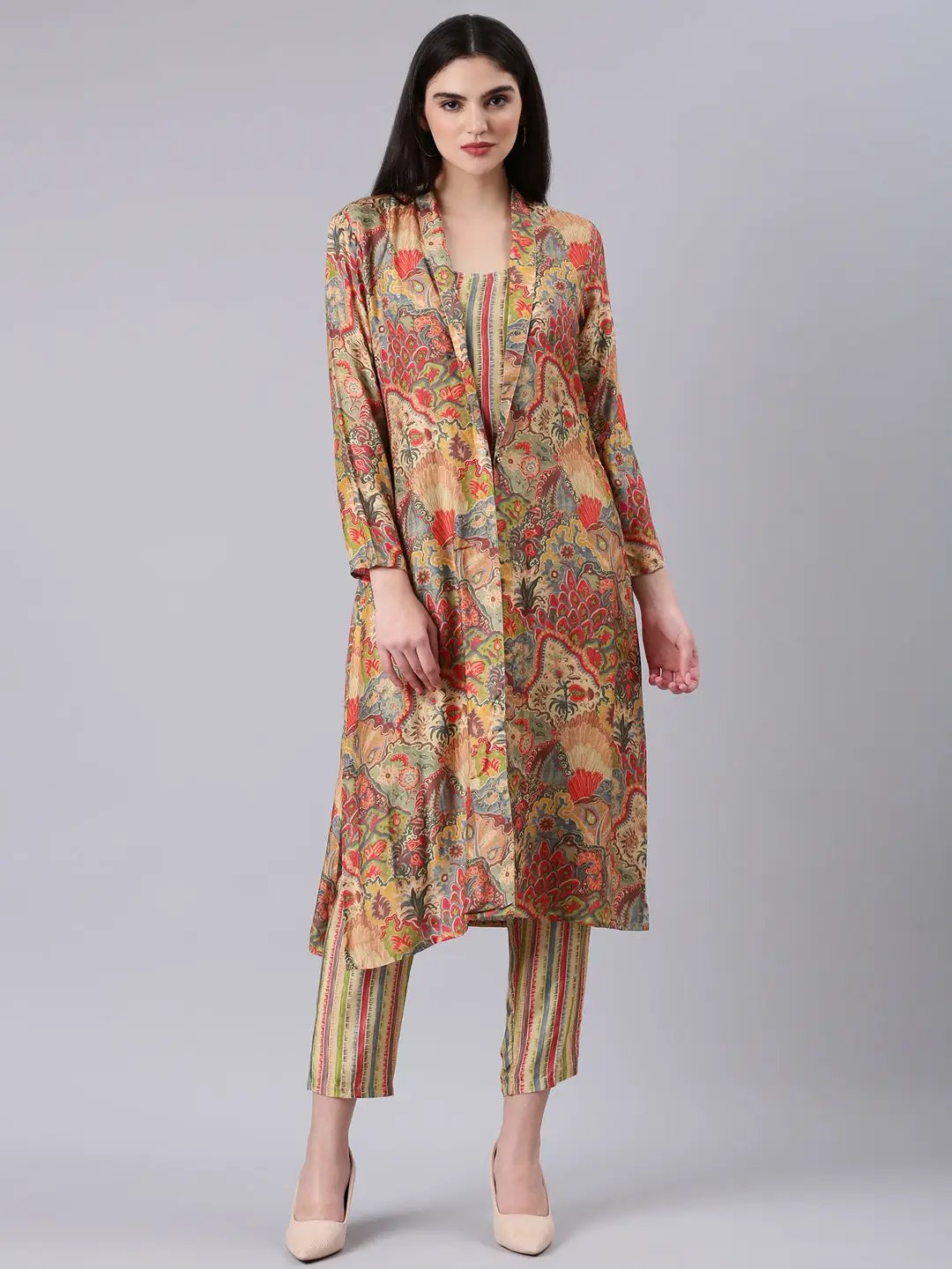 Women's Multi Striped Kurta Set with Printed Shrug
