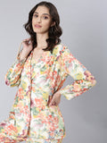 Women's Cream Printed Top & Notched Lapel Co-Ords Set With Blazer