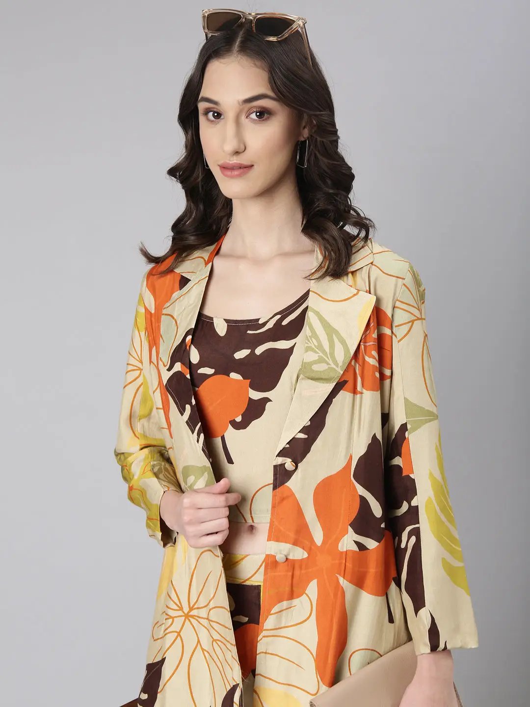 Women's Beige Printed Co-Ords Set With Jacket