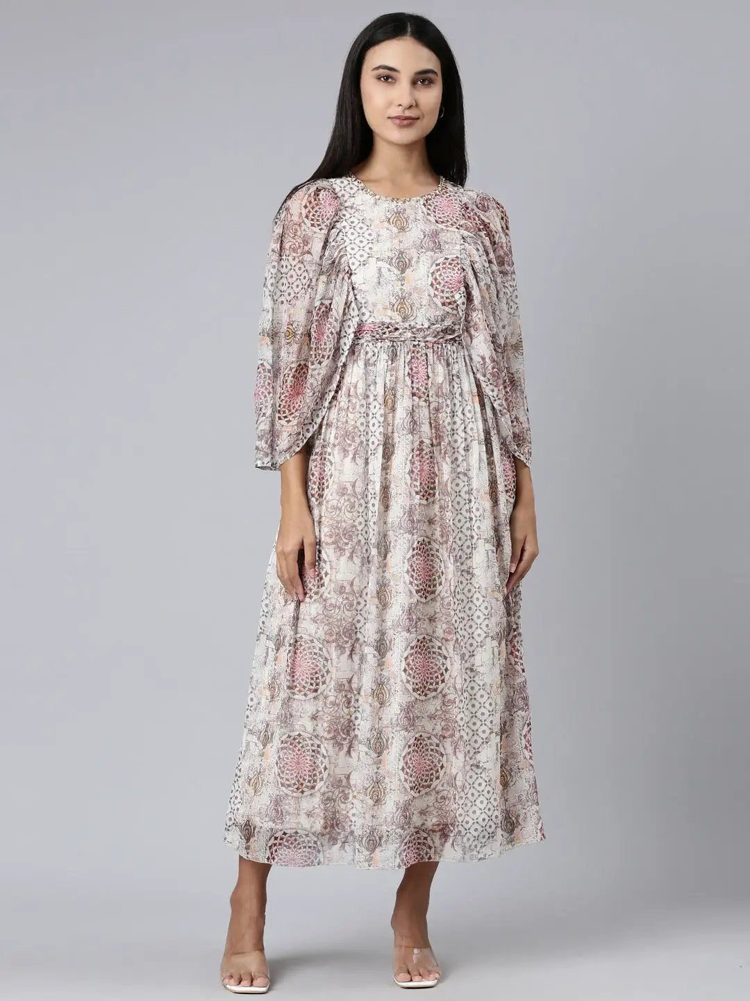 Women's Off White Floral Printed Puff Sleeves Gathered Fit & Flare Bohemian Midi Dress
