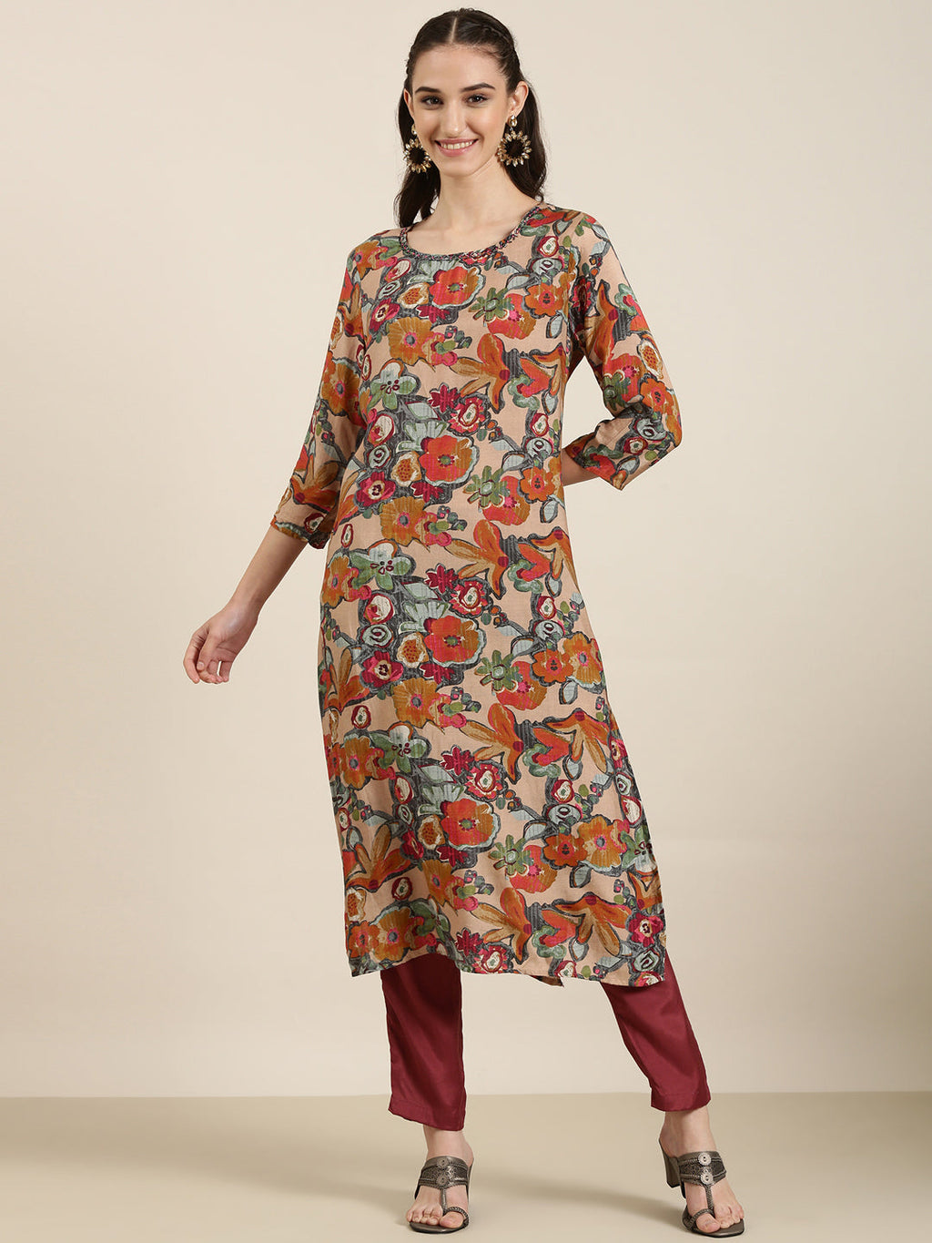 Women's Multi Floral Printed Beads & Stones Kurta Set