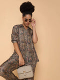 Women's Printed Collared Olive Co-Ords Set