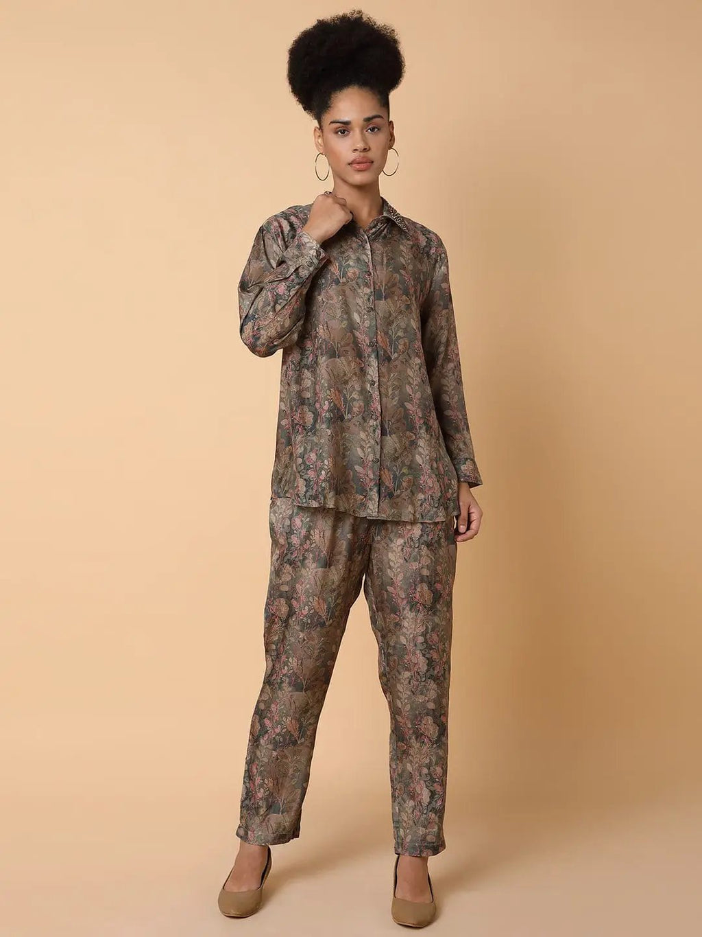 Women's Printed Collared Olive Co-Ords Set