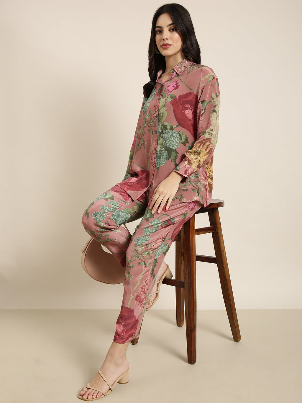 Women's Peach Printed Oversized Top With Flared Palazzos Co-Ords