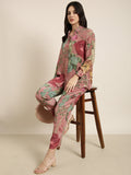 Women's Peach Printed Oversized Top With Flared Palazzos Co-Ords