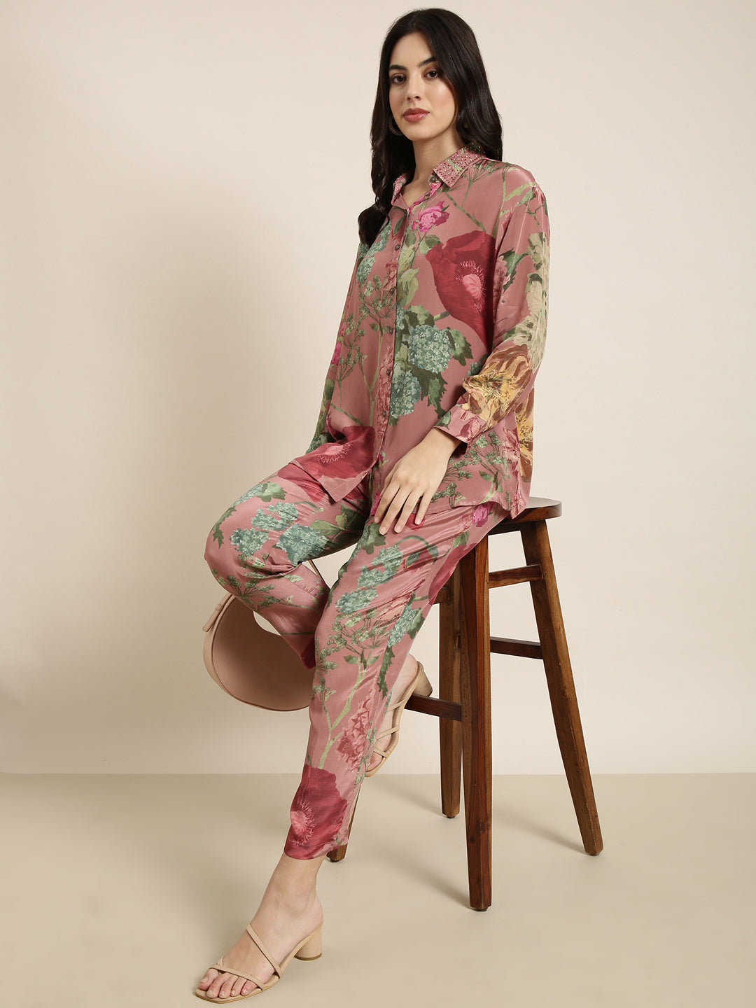 Women's Peach Printed Oversized Top With Flared Palazzos Co-Ords