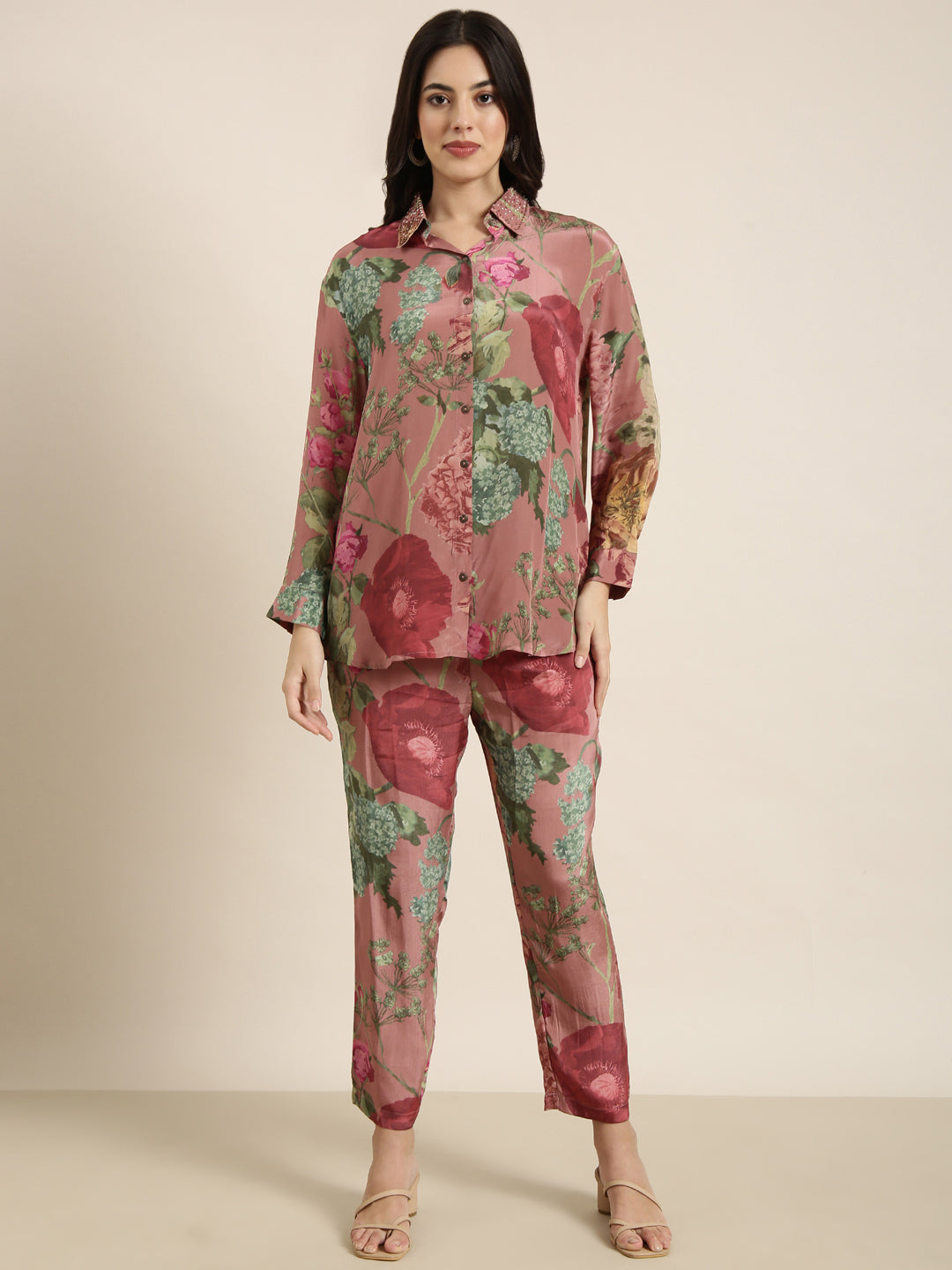 Women's Peach Printed Oversized Top With Flared Palazzos Co-Ords