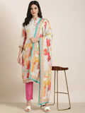 Women's Straight Grey Floral Kurta Sets with Trousers & Dupatta
