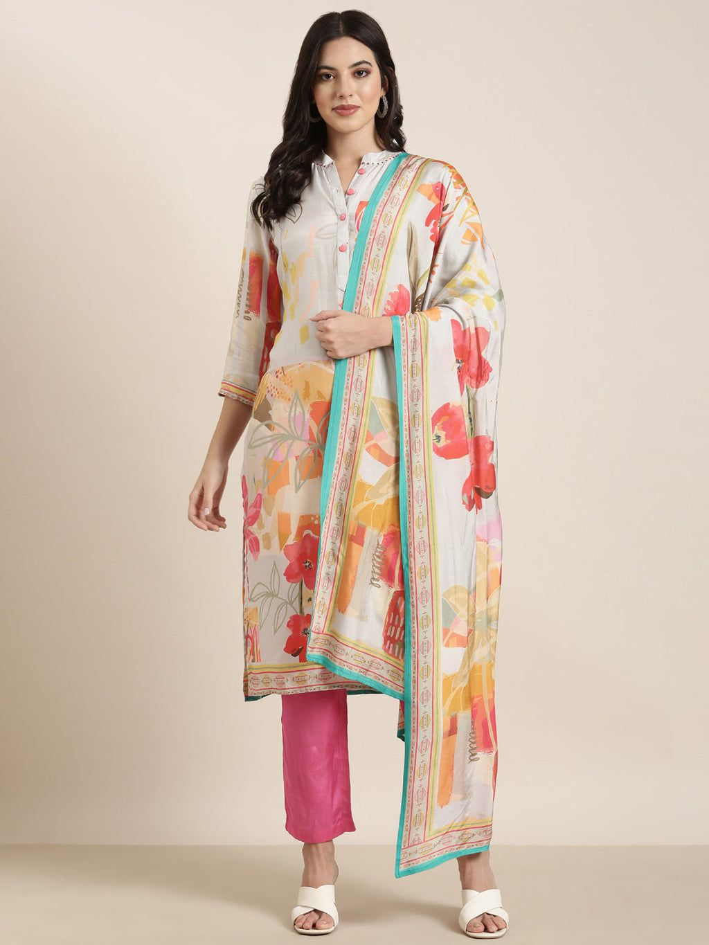 Women's Straight Grey Floral Kurta Sets with Trousers & Dupatta