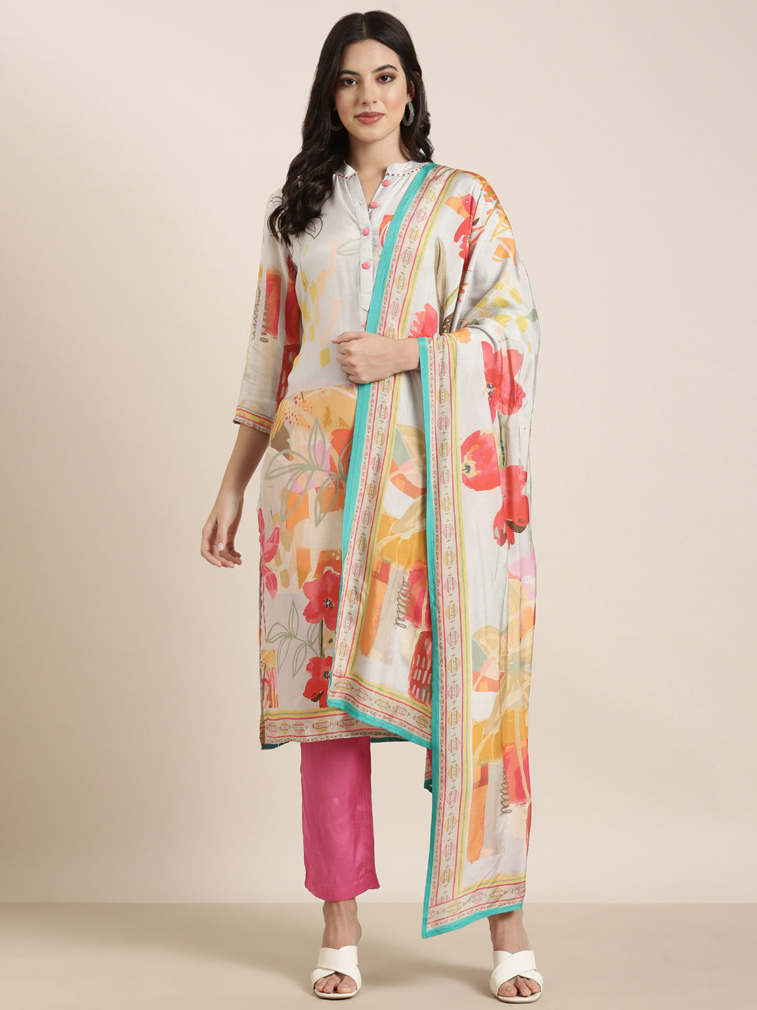 Women's Straight Grey Floral Kurta Sets with Trousers & Dupatta