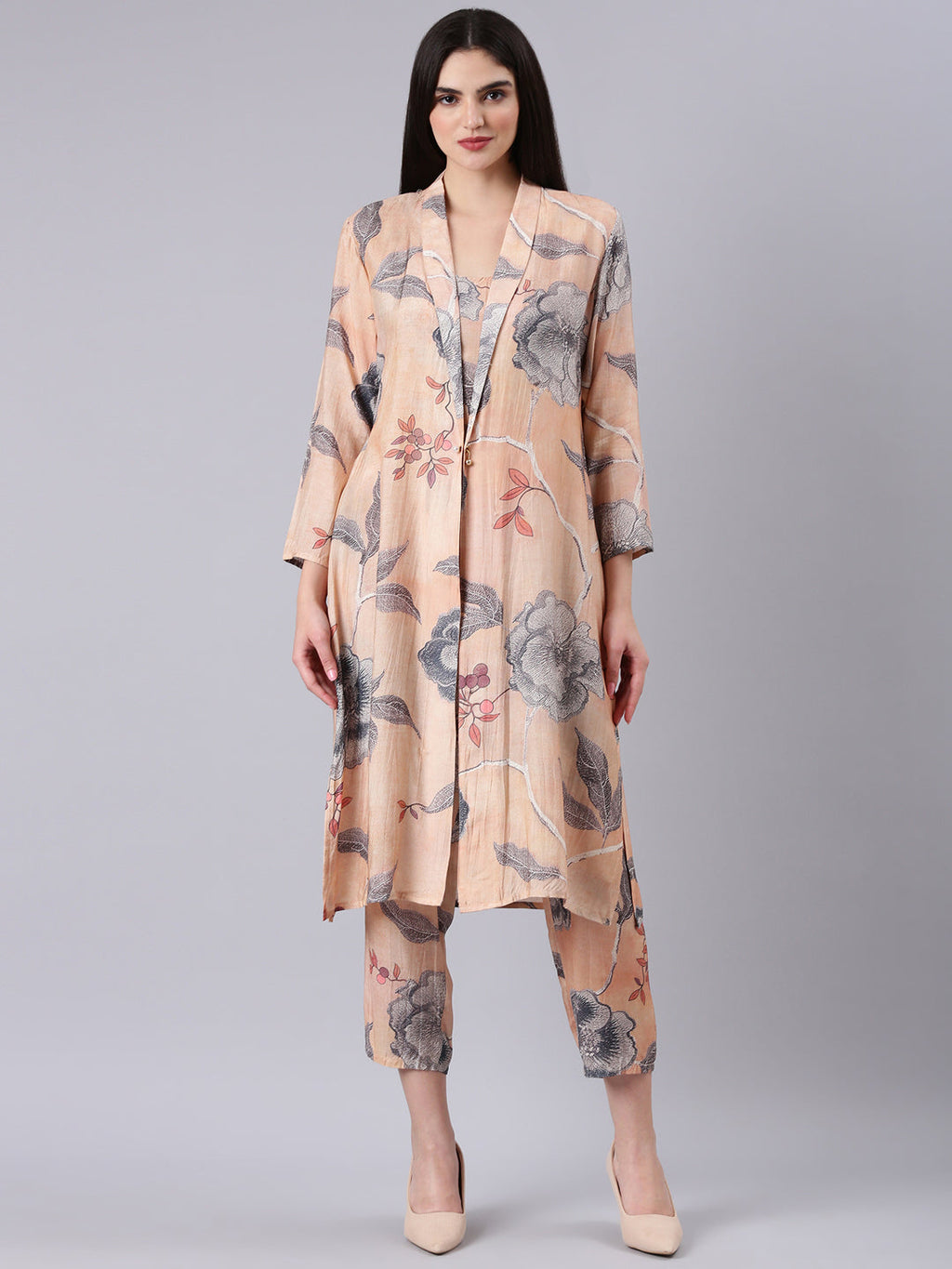 Women's Peach Printed Kurta Set With Jacket