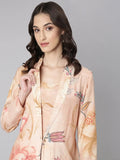 Women's Peach Printed Kurta Set With Jacket