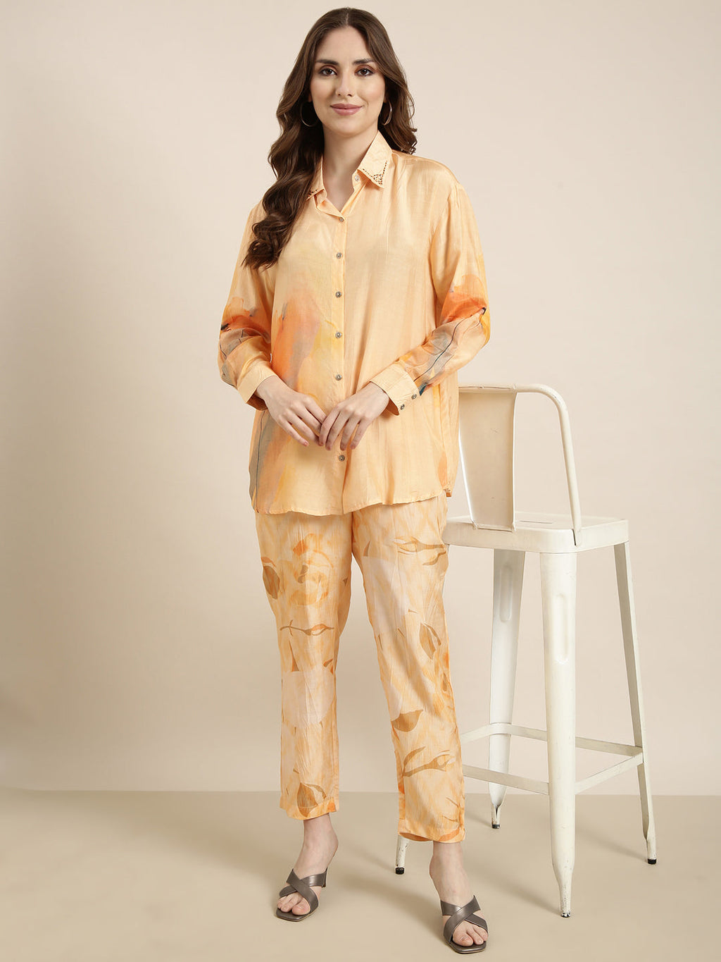 Women's Orange Printed Oversized Shirt with Trousers Co-Ords