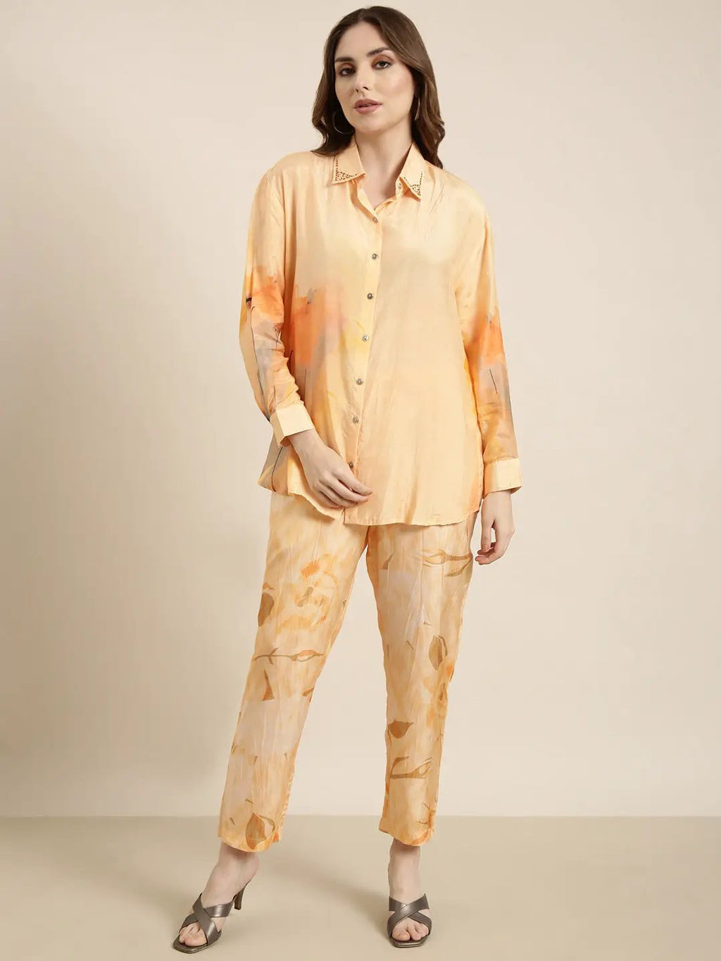 Women's Orange Printed Oversized Shirt with Trousers Co-Ords