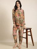 Women's Green Printed Oversized Shirt With Trousers Co-Ords