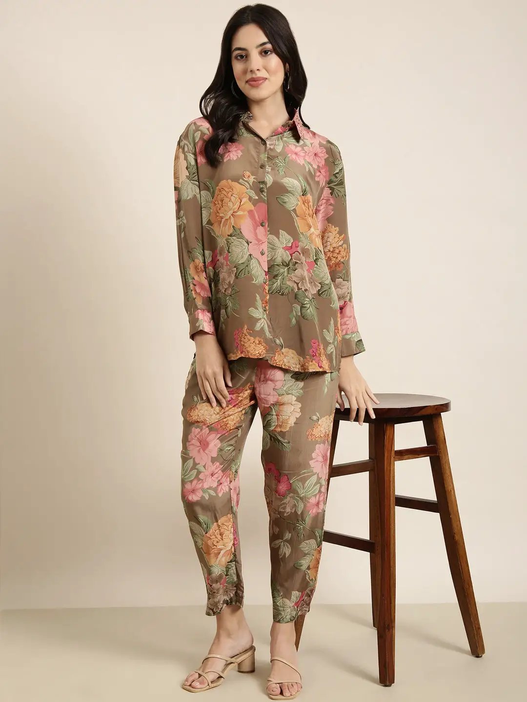 Women's Green Printed Oversized Shirt With Trousers Co-Ords
