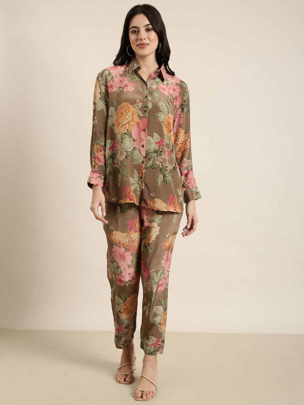 Women's Green Printed Oversized Shirt With Trousers Co-Ords