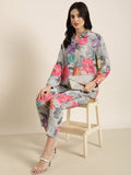 Women's Grey Floral Printed Oversized Shirt & Trousers Set