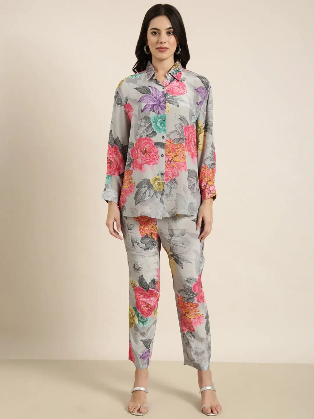 Women's Grey Floral Printed Oversized Shirt & Trousers Set