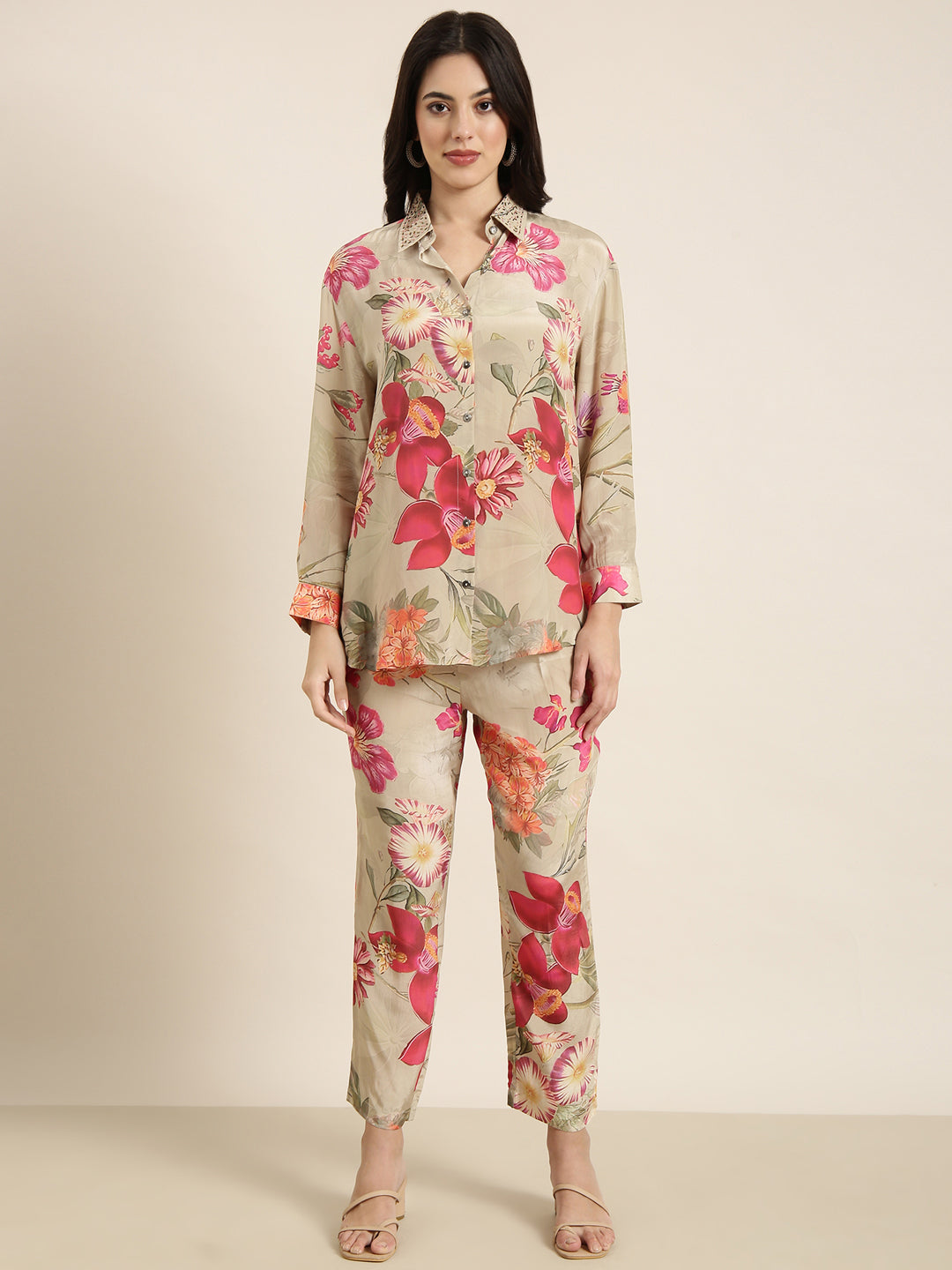Women's Beige Floral Printed Oversized Shirt & Trousers Set