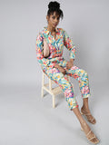 Women's Turquoise Blue Floral Printed Oversized Shirt & Trousers Set