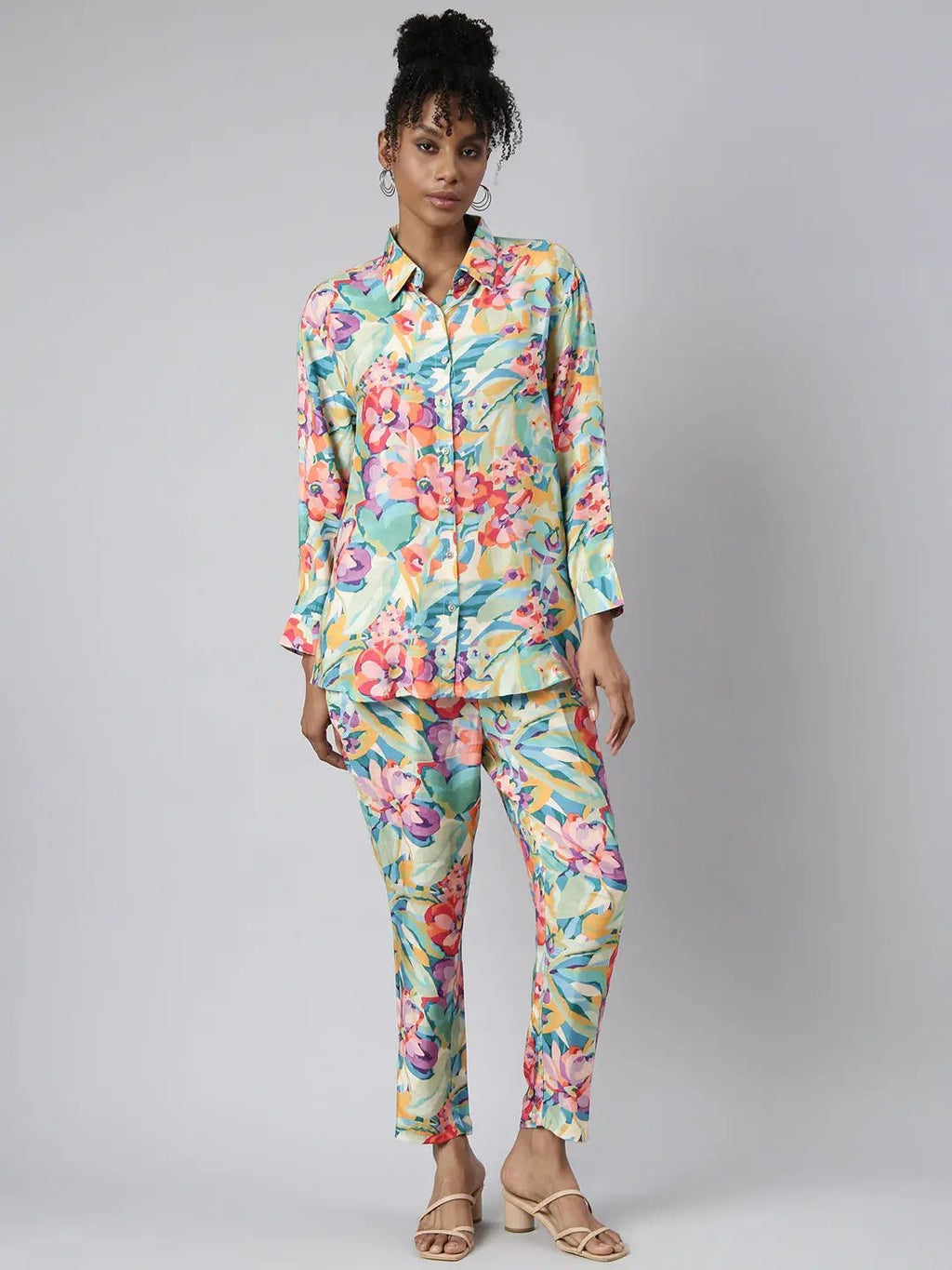 Women's Turquoise Blue Floral Printed Oversized Shirt & Trousers Set