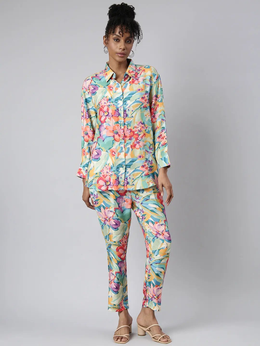 Women's Turquoise Blue Floral Printed Oversized Shirt & Trousers Set