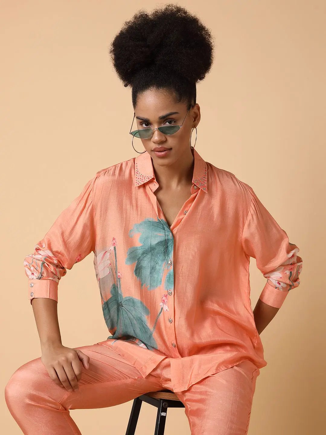 Women's Printed Collared Peach Co-Ords Set