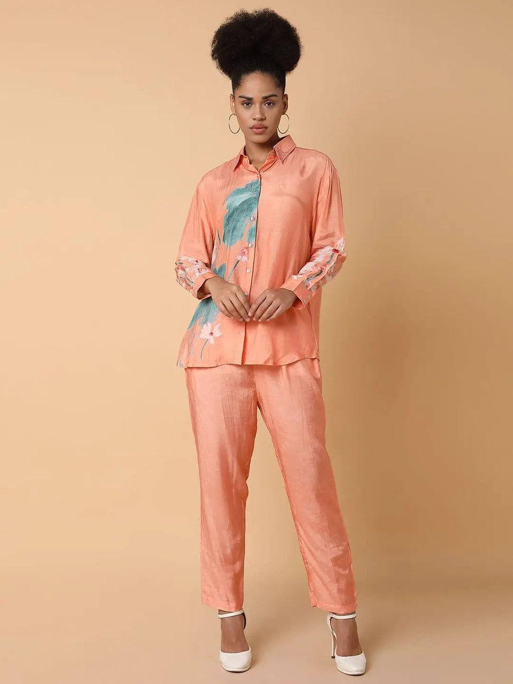 Women's Printed Collared Peach Co-Ords Set