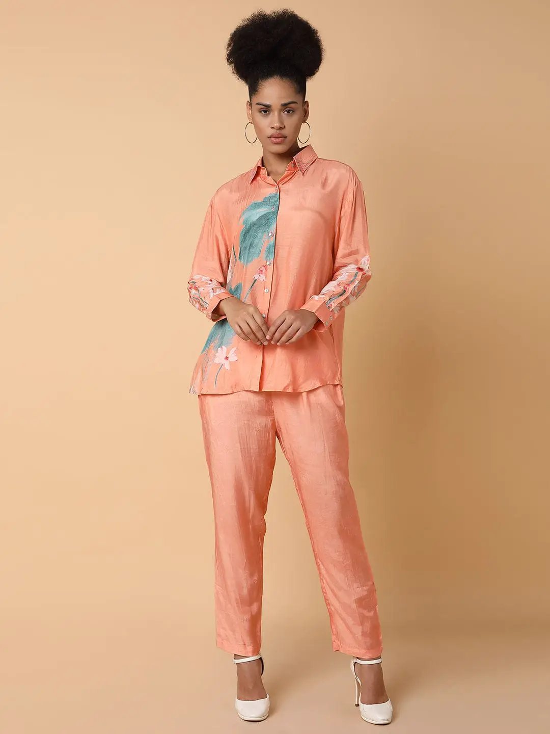 Women's Printed Collared Peach Co-Ords Set