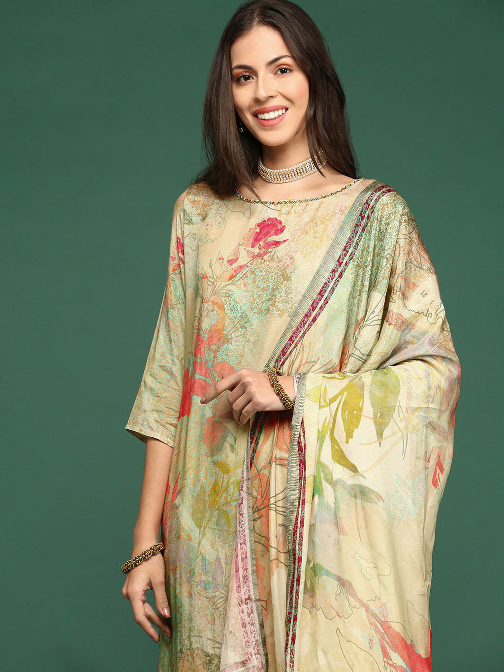 Women's Floral Sea Green Straight Kurta Set with Dupatta
